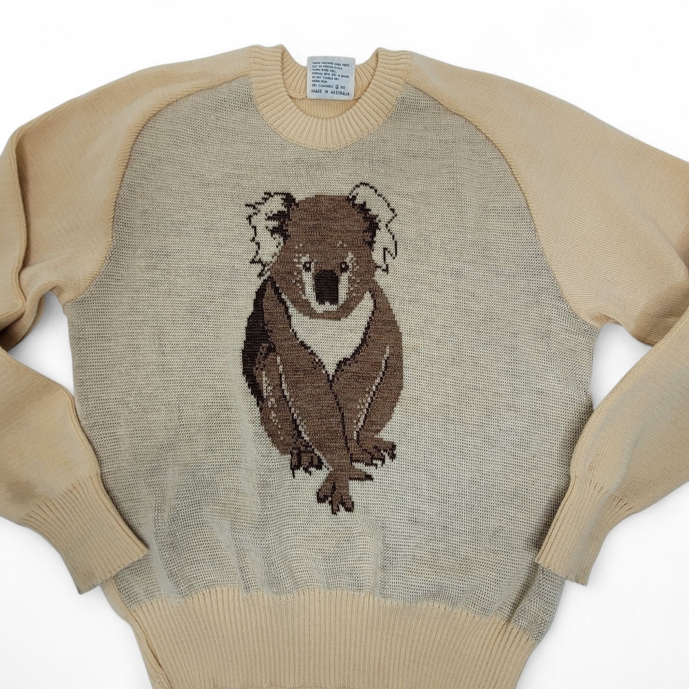 Vtg 70s Hysport Wool Koala Sweater XS 85cm Ivory Tan Australia